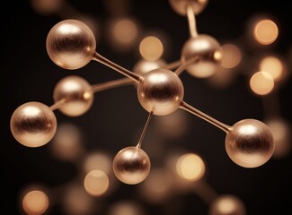 Copper-colored metallic spheres connected by rods, creating a molecular structure.  Abstract, scientific, and detailed.  Bokeh effect, deep black background