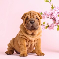 Obraz premium Adorable Shar Pei Puppy Portrait on Pink Background, Generated image