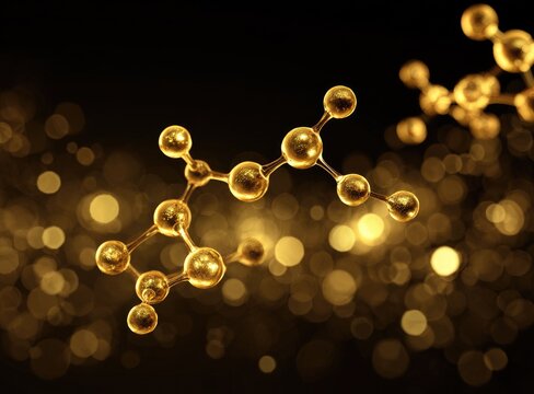 Gold molecular structure on a dark background with golden bokeh