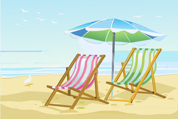 Two colorful striped beach chairs and umbrella on a sandy beach with ocean and sky