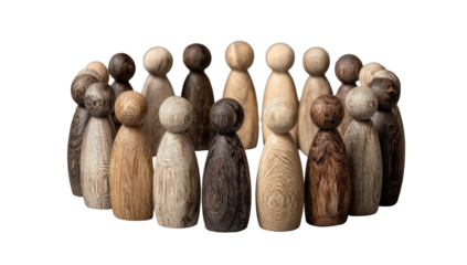 A circle of small, wooden figures, various shades of light and dark wood tones
