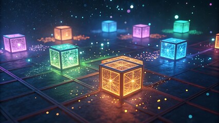 Glowing Cubes on Grid Surface with Particles: Abstract Future Concept Background, Digital Art Style.