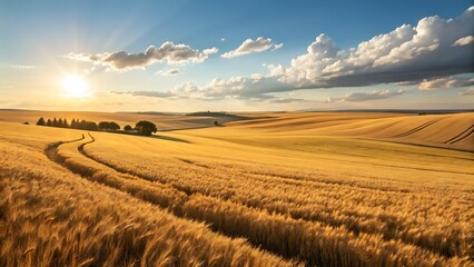 Golden Field at Sunset: Tranquil Landscape with Rolling Hills and Beautiful Sky, Warm Light Illuminating Nature's Beauty.