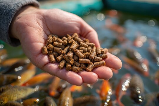 Hand holding fish pellets above a pond with fish. Use it for food, feeding, or pet care concepts.