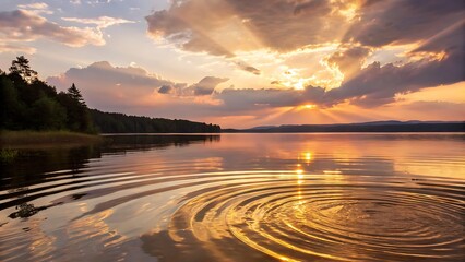 Golden Hour Serenity: Ripples on a Calm Lake with Reflections of the Sun's Rays Through the Clouds.