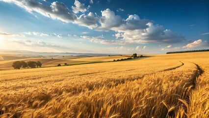 Golden Fields Under a Bright Blue Sky: Serene Landscape of Farmland and Distant Hills at Sunset.