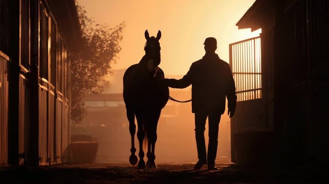 Silhouette of person leading horse during sunrise or sunset. Early morning in evening light. Bond between human and animal. Barn background. Companionship, equestrian, nature. Courser stable.