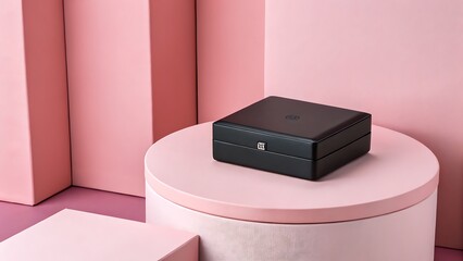 Minimalist black box on pink platform showcasing elegance and sophisticated design with geometric shapes in a soft, pleasing aesthetic.