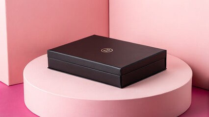 Minimalist Presentation: Elegant Black Gift Box on Pink Round Platform for Creative Product Showcase Display.