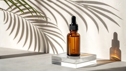 Minimalist presentation of amber dropper bottle with plant shadow and glass display for wellness product.