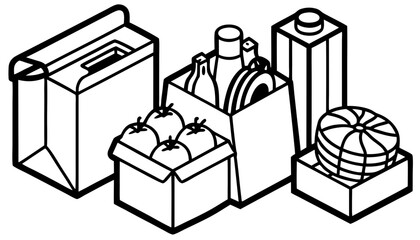 Grocery food in supermarket packages. Vegetables, eggs, meat, bread, pasta and other groceries, goods. Healthy eating concept. Isometric vector illustration.                      Sharp focus, realisti