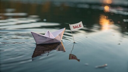 Paper Boat with a Message Flag Floating on Calm Water, Symbolic of Opportunity and Gentle Beginnings.