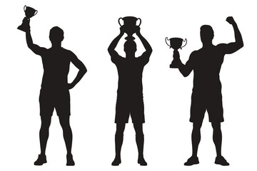 Silhouette of Football Players Holding Trophies in Victory Poses 

