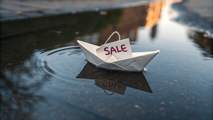 Paper Boat with a Tag Floating on Water Reflecting a Building, Capturing a Moment of Opportunity and Imagination.