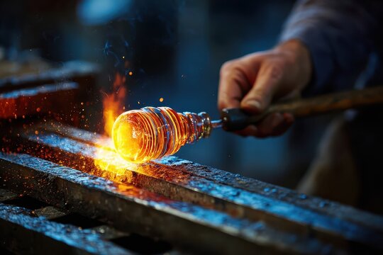 Molten glass is shaped on a metal surface, sparks flying in the workshop. Use this shot for creative, artisanal, or industrial design concepts.