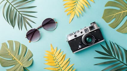 Retro Camera, Sunglasses, and Tropical Leaves on a Turquoise Surface: A Flat Lay Summer Vacation Aesthetic.
