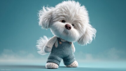 Adorable fluffy cartoon puppy in overalls with big eyes and a playful expression on a blue background. Perfect for children, toys, and cute character concepts.