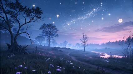 Serene starry night landscape with glowing stream, floral meadow, peaceful atmosphere, pathway, and misty trees under the moonlit sky.