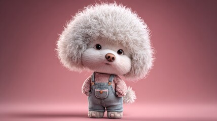 Adorable fluffy cartoon puppy in overalls with big eyes and a playful expression on a red background. Perfect for children, toys, and cute character concepts.