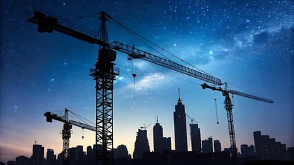 Silhouetted Cranes Constructing City Skyline Under a Twinkling Celestial Sky, Evening Construction Project Scene.