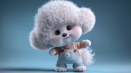 Adorable fluffy cartoon puppy in overalls with big eyes and a playful expression on a blue background. Perfect for children, toys, and cute character concepts.