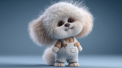 Adorable fluffy cartoon puppy in overalls with big eyes and a playful expression on a blue background. Perfect for children, toys, and cute character concepts.