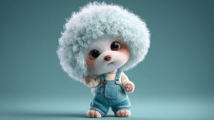 Adorable fluffy cartoon puppy in overalls with big eyes and a playful expression on a blue background. Perfect for children, toys, and cute character concepts.