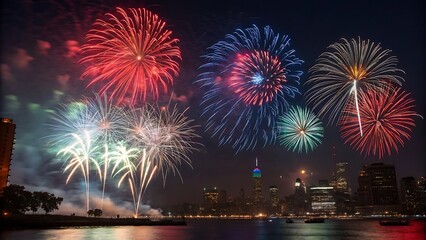 Spectacular City Skyline Fireworks Display: Vibrant Celebration Lights Up the Night Sky Over Tranquil Waters