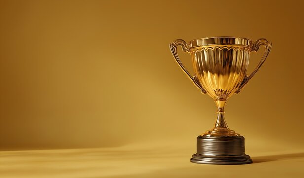 Golden trophy cup or sword on golden background symbolizing victory and achievement in business or sports competition with minimalist design and copy space