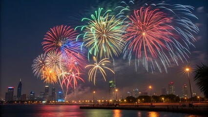 Spectacular Night: Urban Skyline Illuminated by Vibrant Fireworks Display over Calm Waters for Festive Celebration.