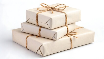 Stacked Packages Wrapped in Plain Paper with Natural Twine Bows on White Background, Simple Presents.