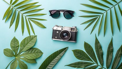 Summer Vacation Essentials: Retro Camera and Sunglasses with Tropical Leaves on Light Blue Background.