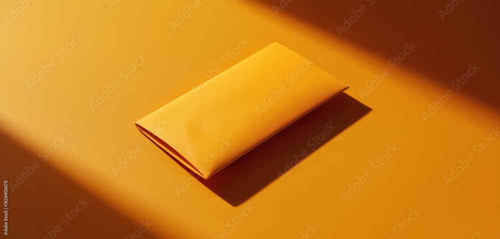 Poster orange envelope rests on gray surface with tilted perspective. solid gray background allows orange t