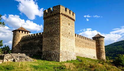 Medieval stone castle with towers against a vibrant sky