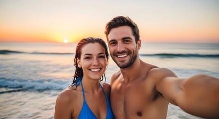 Fototapeta premium Happy Couple Taking Selfie at Beach During Sunrise Vacation