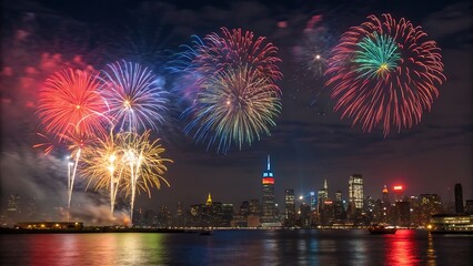 Vibrant Fireworks Display Over Sparkling Cityscape, A Nighttime Spectacle of Light and Reflections on the Water.