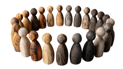 Wooden figurines arranged in a circle, various shades