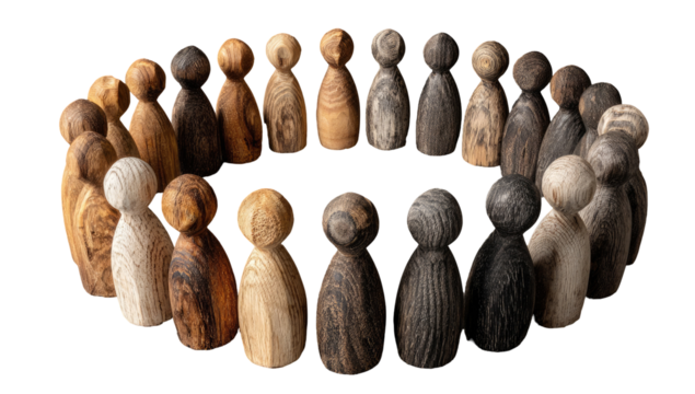 Wooden figurines arranged in a circle, various shades