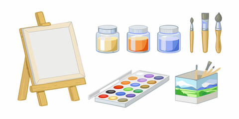 Art supplies including an easel paints brushes and a brush holder with a landscape design
