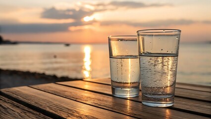 Water glasses at dusk reflecting light onto wooden surface, serene open water scene at golden hour.