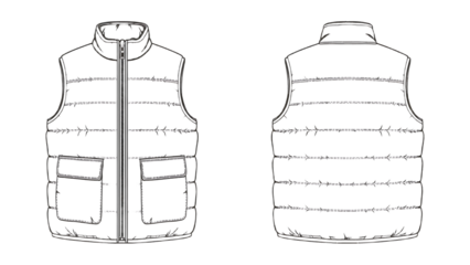 Technical drawing of a quilted vest, front and back views, showing design details.