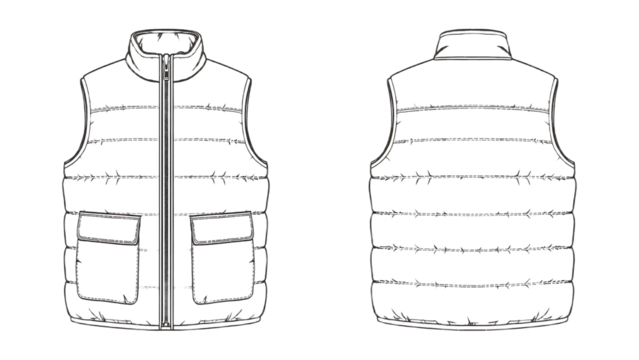 Technical drawing of a quilted vest, front and back views, showing design details.