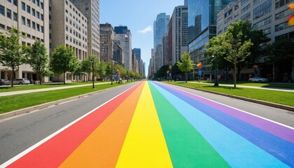 Vibrant city street at sunrise. Buildings of various sizes line street, tower above, with trees adding plants to urban landscape. White lines mark traffic lanes pedestrian paths. Cityscape from