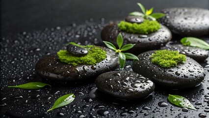 Wet Black Rocks with Moss and Green Leaves: Serene Nature Arrangement for Relaxation and Meditation.