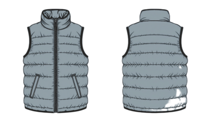 A gray quilted puffer vest, shown front and back, detailed technical drawing for apparel design.