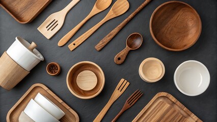 Wooden Cooking Utensils and White Ceramic Dishes Arranged on Dark Surface for Culinary, Kitchen, and Food Preparation.