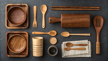 Wooden Kitchen Utensils Flat Lay: Cooking Tools, Bowls, Spoons, and Rolling Pin on Dark Surface, High Angle View