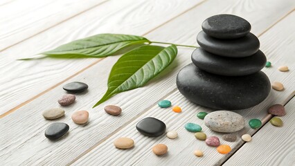 Zen Stones and Green Leaf: Peaceful Composition for Calmness, Relaxation, Wellness, and Tranquility on Natural Wood.
