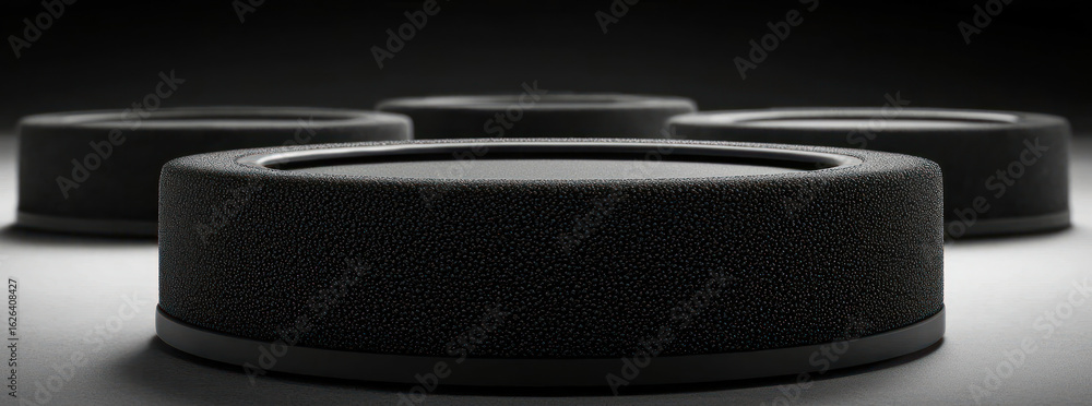 Poster close up of sparkling black circular objects arranged with glitter detailing against a dark grayscal