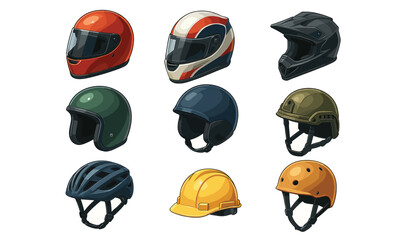 Vibrant helmet collection for biking, racing, and safety, perfect for ads, designs, or gear illustrations.